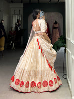 Thumbnail for Lorenvalley Off White Pure Shimmer With Weaving Work with Mirror And Beads (Moti) Hand Work Lehenga Choli - Distacart