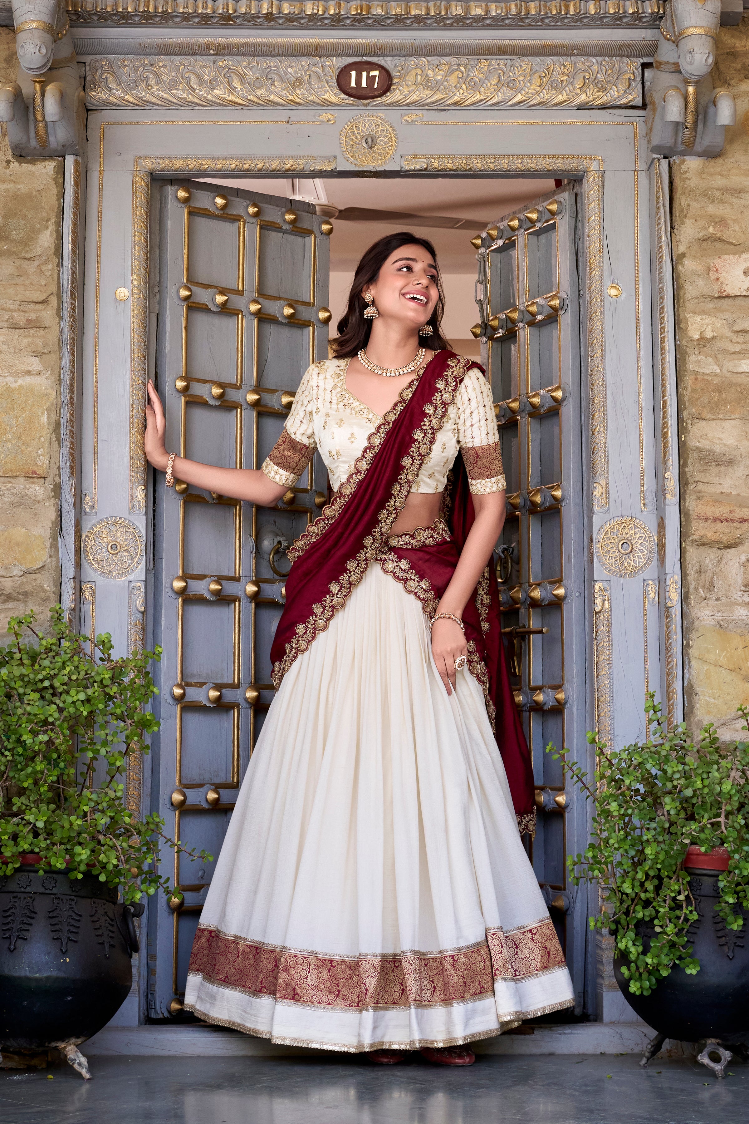 Lorenvalley Off White Vichitra Silk Zari Weaving Work Lace Border Belt with Sequins Lace Touch Up Lehenga Choli with Dupatta - Distacart