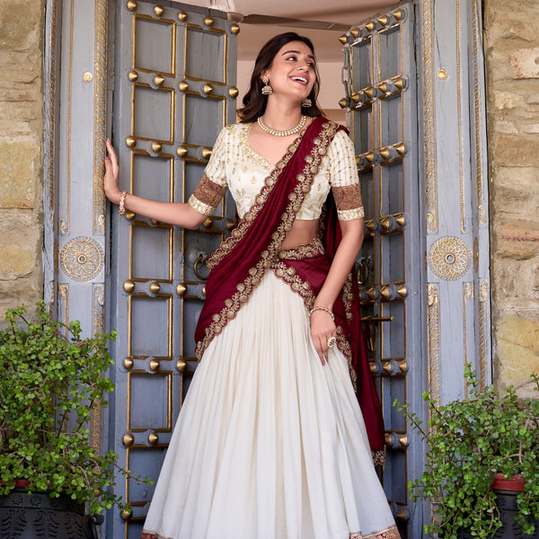 Lorenvalley Off White Vichitra Silk Zari Weaving Work Lace Border Belt with Sequins Lace Touch Up Lehenga Choli with Dupatta - Distacart