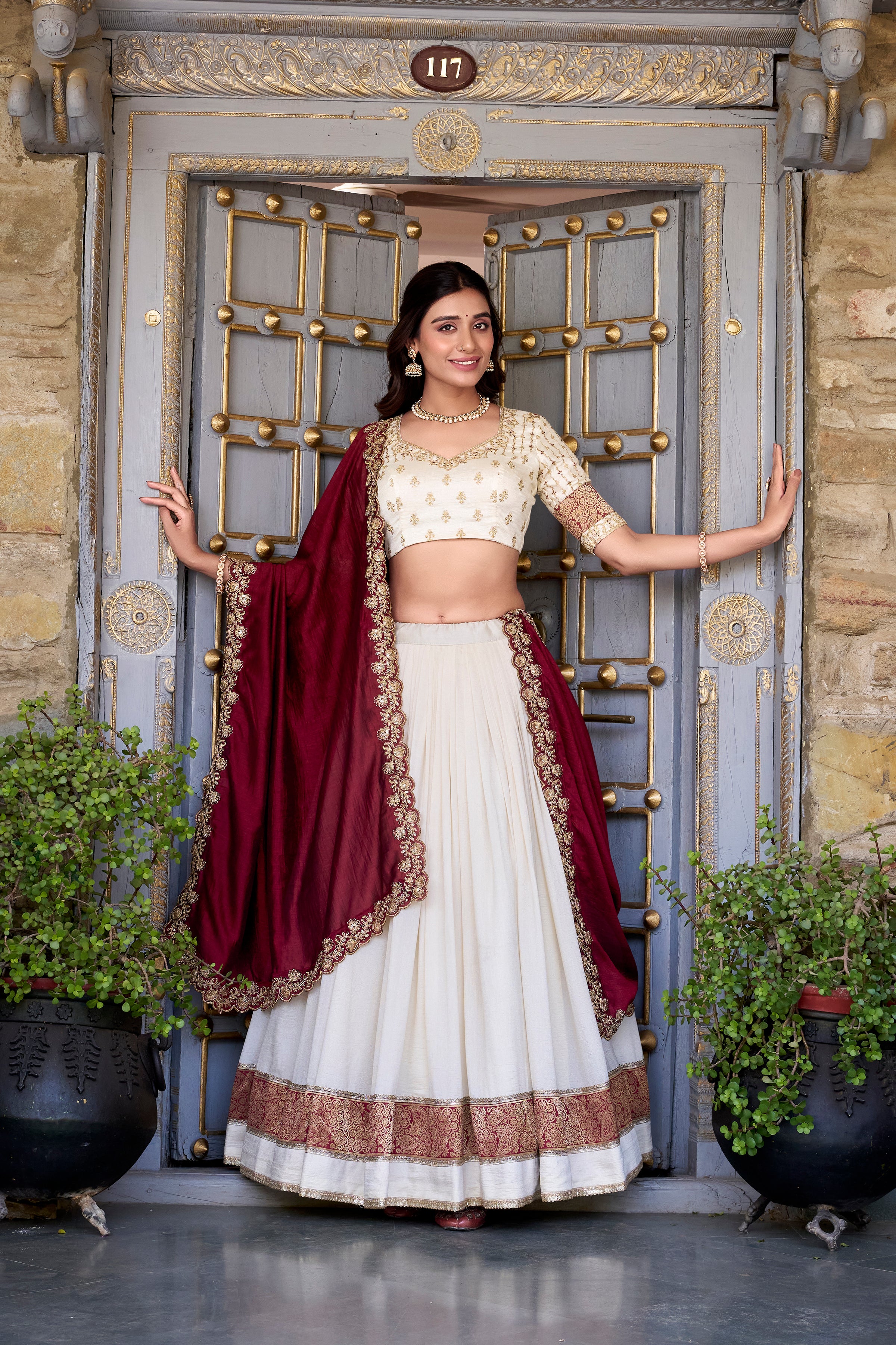 Lorenvalley Off White Vichitra Silk Zari Weaving Work Lace Border Belt with Sequins Lace Touch Up Lehenga Choli with Dupatta - Distacart