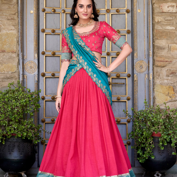 Lorenvalley Pink Vichitra Silk Zari Weaving Work Lace Border Belt with Sequins Lace Touch Up Lehenga Choli with Dupatta - Distacart