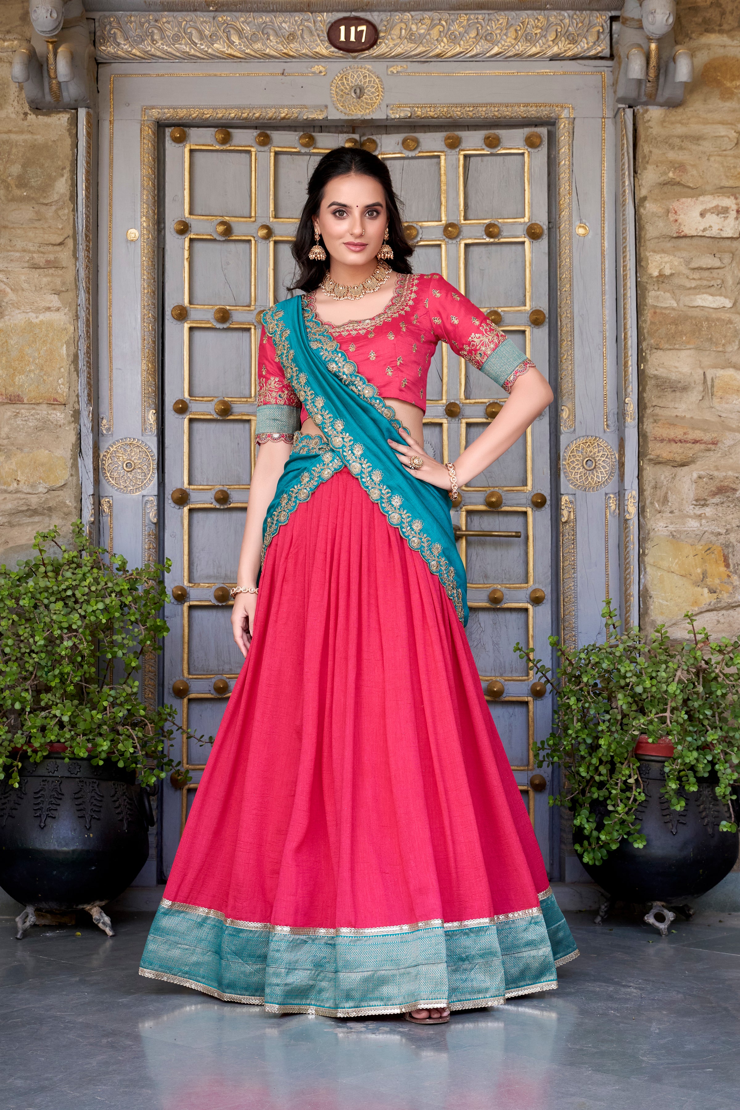 Lorenvalley Pink Vichitra Silk Zari Weaving Work Lace Border Belt with Sequins Lace Touch Up Lehenga Choli with Dupatta - Distacart