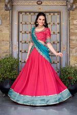 Thumbnail for Lorenvalley Pink Vichitra Silk Zari Weaving Work Lace Border Belt with Sequins Lace Touch Up Lehenga Choli with Dupatta