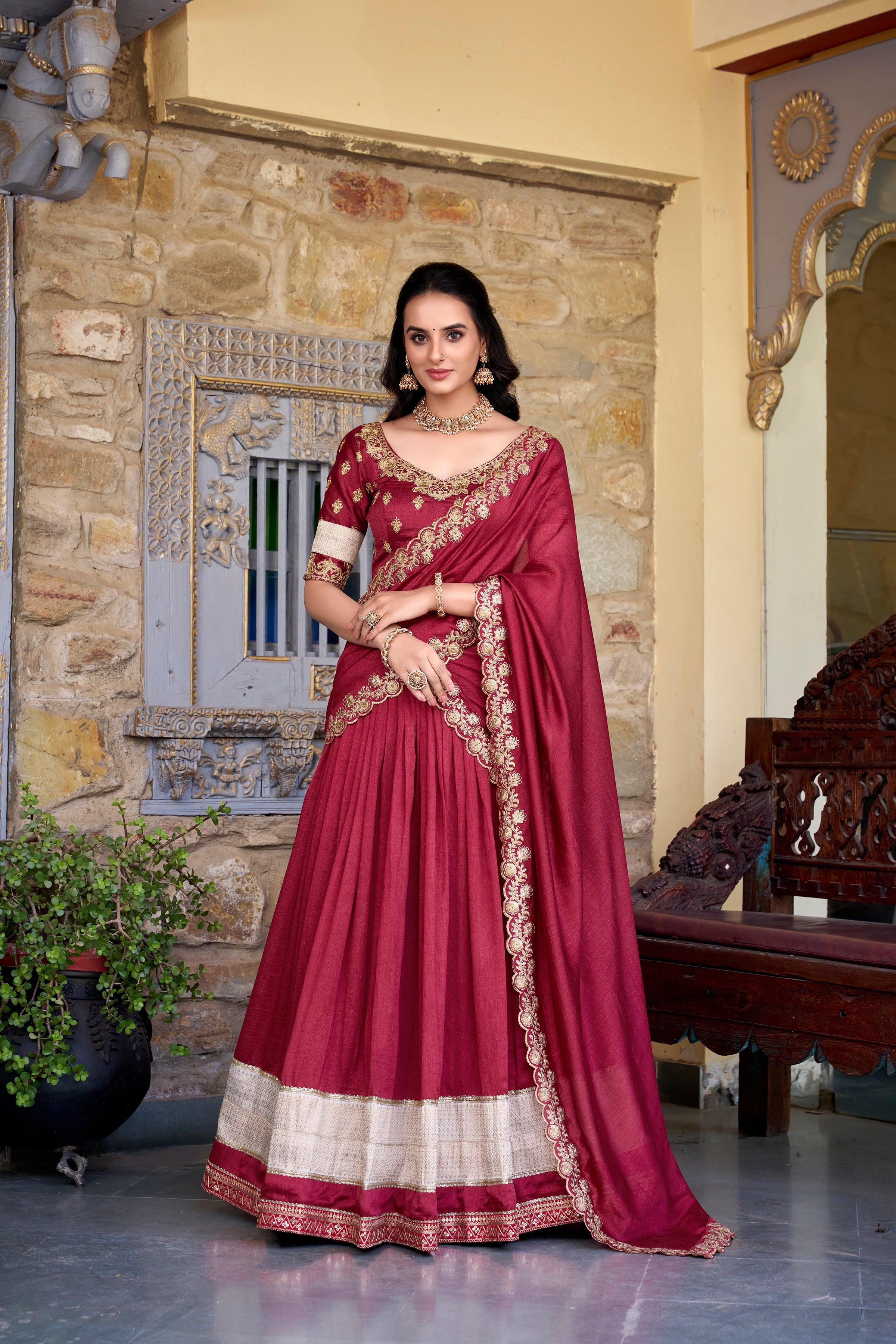 Lorenvalley Rust Vichitra Silk Zari Weaving Work Lace Border Belt with Sequins Lace Touch Up Lehenga Choli with Dupatta - Distacart