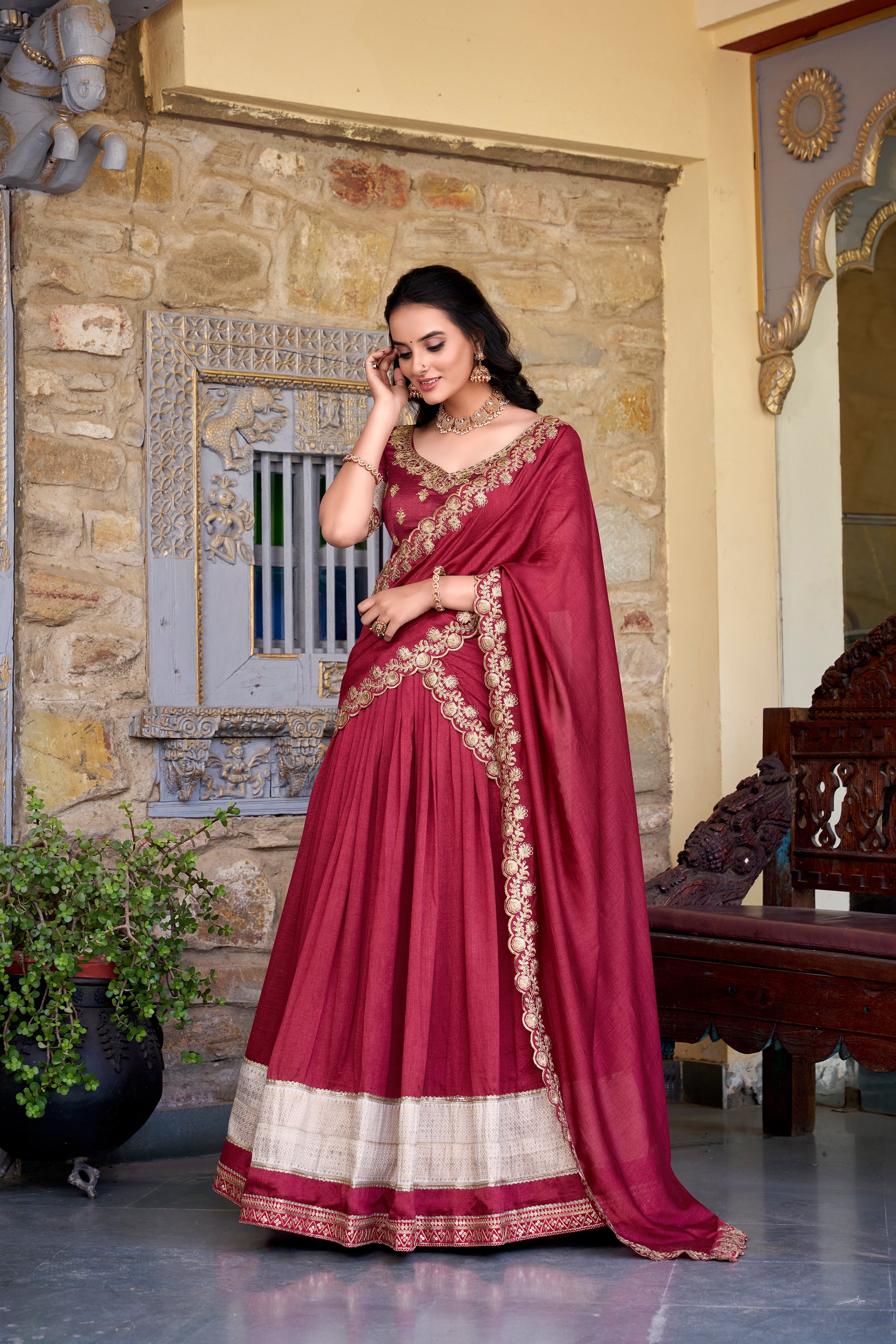 Lorenvalley Rust Vichitra Silk Zari Weaving Work Lace Border Belt with Sequins Lace Touch Up Lehenga Choli with Dupatta