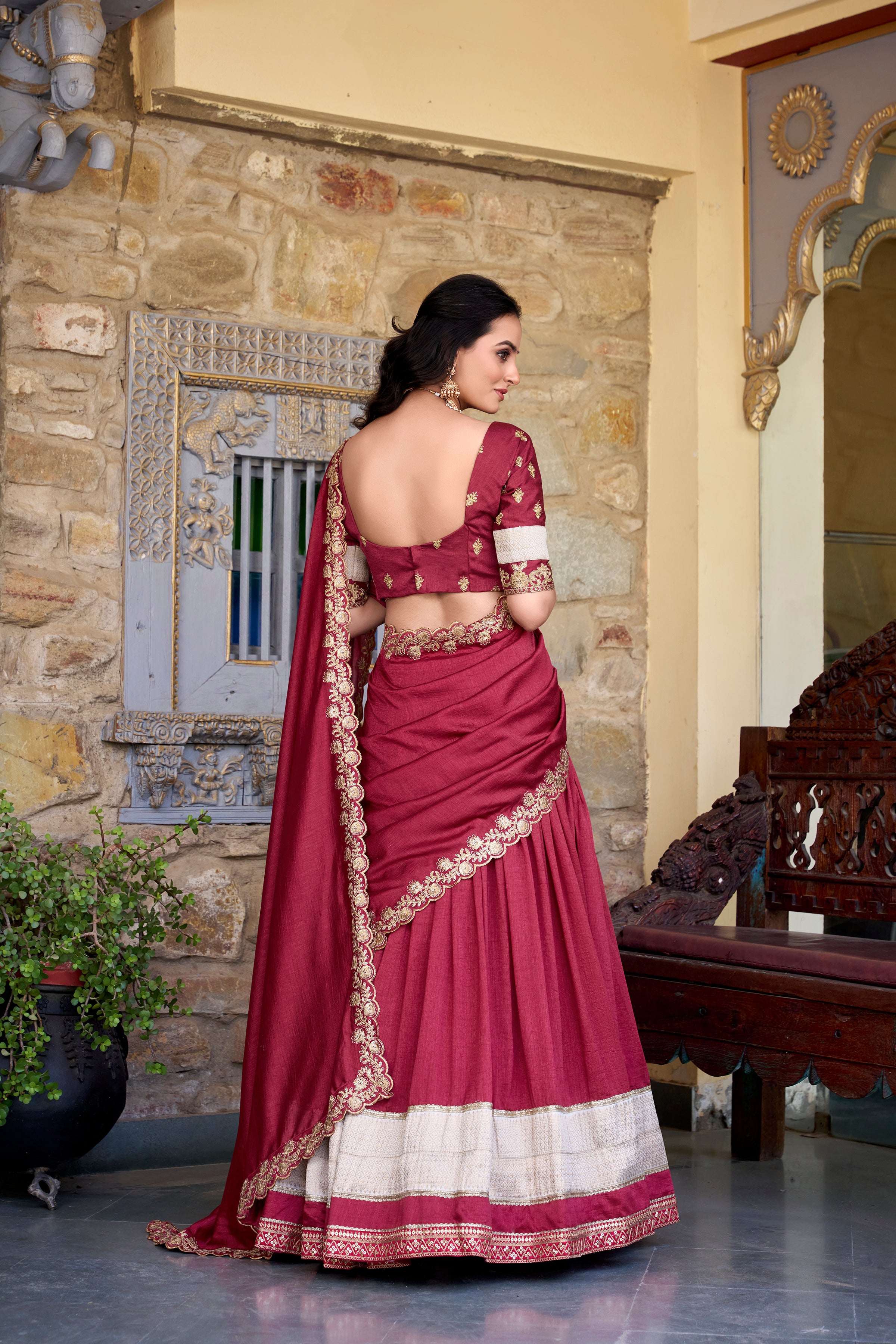 Lorenvalley Rust Vichitra Silk Zari Weaving Work Lace Border Belt with Sequins Lace Touch Up Lehenga Choli with Dupatta