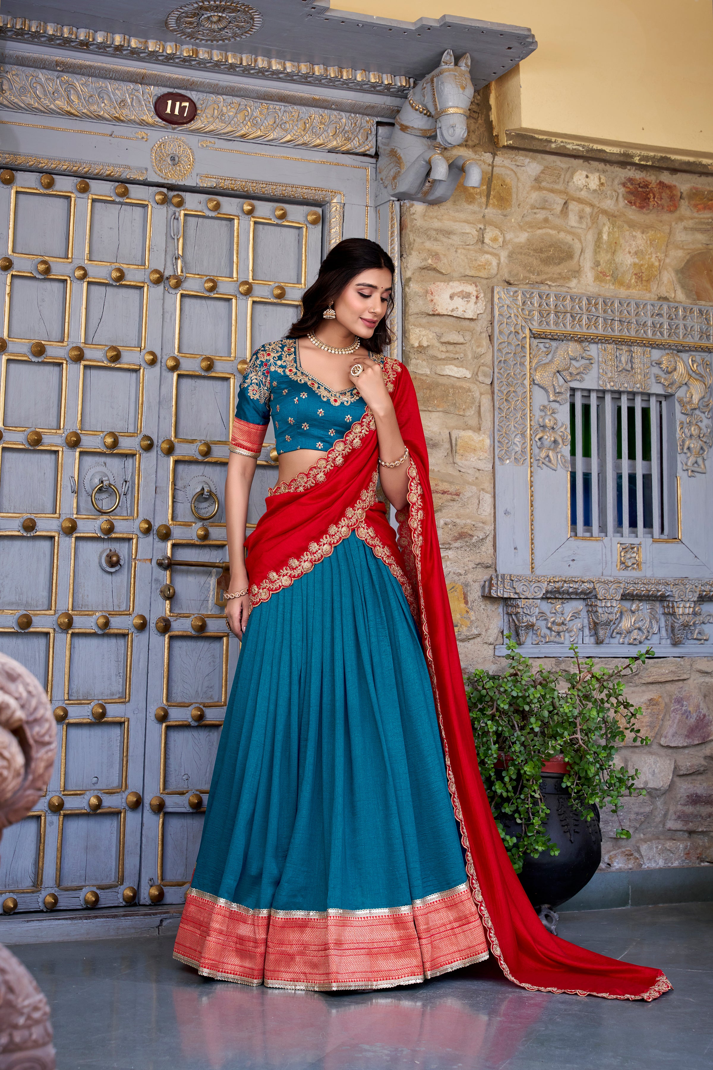 Lorenvalley Teal Vichitra Silk Zari Weaving Work Lace Border Belt with Sequins Lace Touch Up Lehenga Choli with Dupatta - Distacart