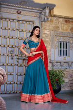 Thumbnail for Lorenvalley Teal Vichitra Silk Zari Weaving Work Lace Border Belt with Sequins Lace Touch Up Lehenga Choli with Dupatta