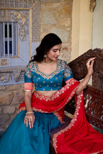 Thumbnail for Lorenvalley Teal Vichitra Silk Zari Weaving Work Lace Border Belt with Sequins Lace Touch Up Lehenga Choli with Dupatta