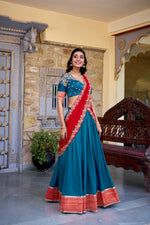 Thumbnail for Lorenvalley Teal Vichitra Silk Zari Weaving Work Lace Border Belt with Sequins Lace Touch Up Lehenga Choli with Dupatta