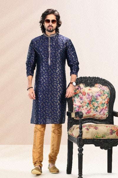 Raivat Ethnic Jacquard Banarasi Silk Pintux Work Kurta Pajama In Blue Colour - Distacart
