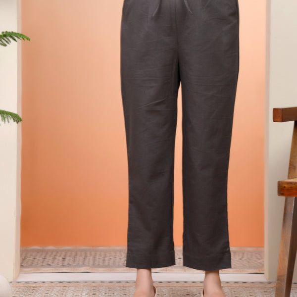Vaasva Women Charcoal Cotton Flax Solid Straight Pants