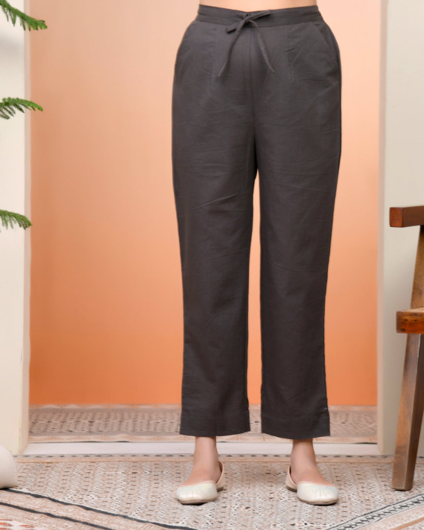 Vaasva Women Charcoal Cotton Flax Solid Straight Pants - Distacart