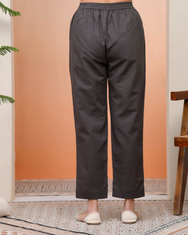Vaasva Women Charcoal Cotton Flax Solid Straight Pants