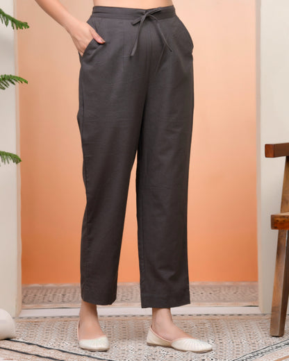 Vaasva Women Charcoal Cotton Flax Solid Straight Pants - Distacart