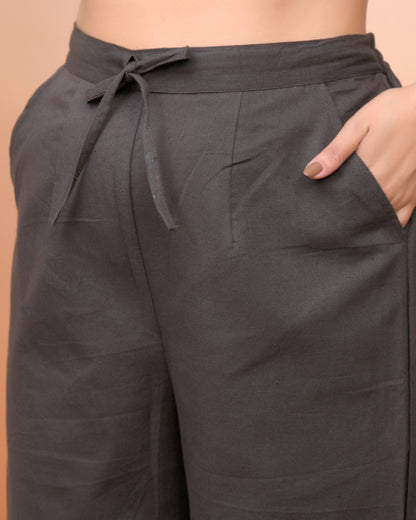 Vaasva Women Charcoal Cotton Flax Solid Straight Pants - Distacart