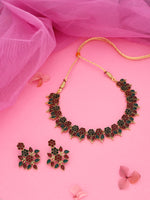 Thumbnail for Tehzeeb Creations Green & Maroon Colour Gold Pleated Stone Studded Necklace With Earrings - Distacart