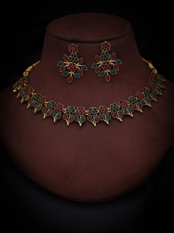 Tehzeeb Creations Green & Maroon Colour Gold Pleated Stone Studded Necklace With Earrings - Distacart