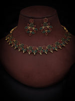 Thumbnail for Tehzeeb Creations Green & Maroon Colour Gold Pleated Stone Studded Necklace With Earrings - Distacart