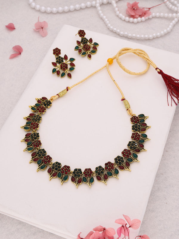 Tehzeeb Creations Green & Maroon Colour Gold Pleated Stone Studded Necklace With Earrings - Distacart