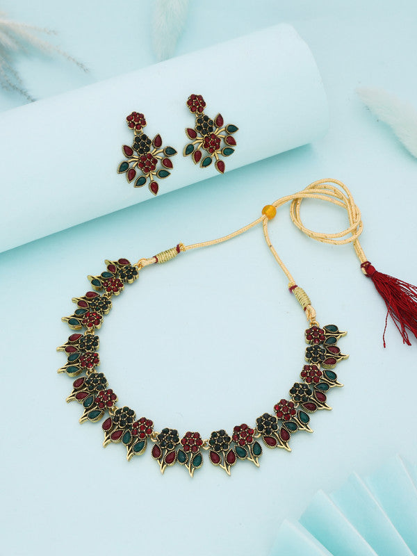 Tehzeeb Creations Green & Maroon Colour Gold Pleated Stone Studded Necklace With Earrings - Distacart