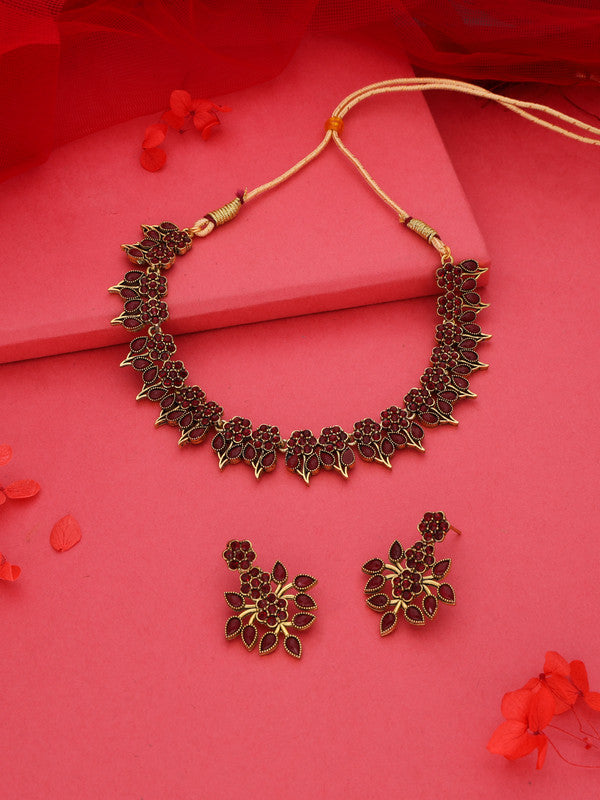 Tehzeeb Creations Maroon Colour Gold Pleated Stone Studded Necklace With Earrings - Distacart