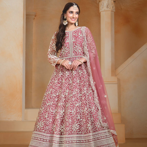 Anaita Pink Embroidered Net Anarkali Suit - Distacart