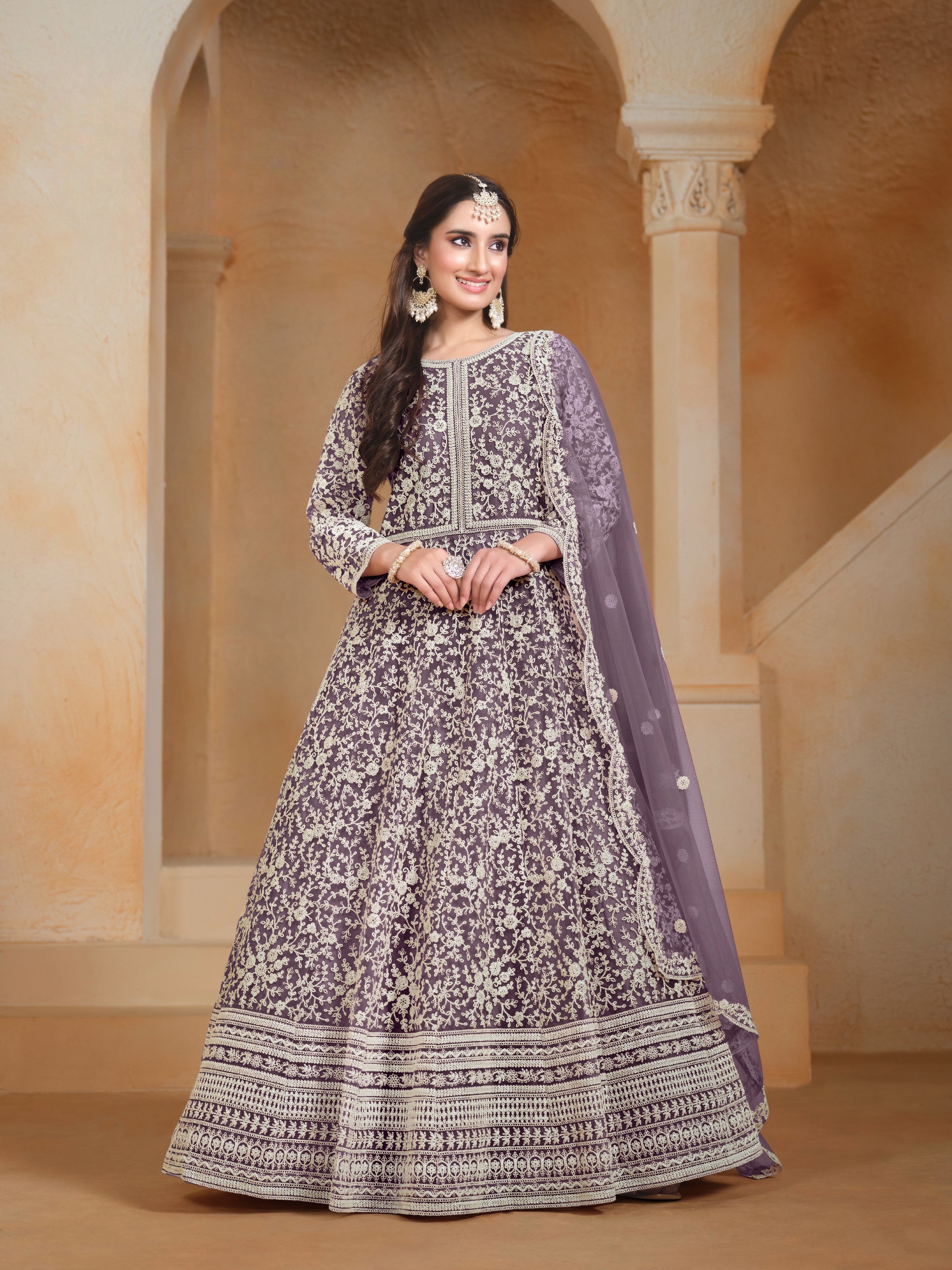 Anaita Lavender Embroidered Net Anarkali Suit - Distacart