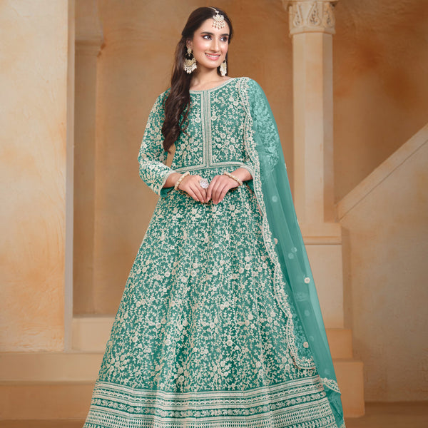 Anaita Sea Green Embroidered Net Anarkali Suit - Distacart