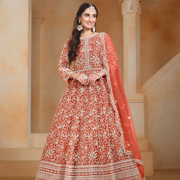 Anaita Orange Embroidered Net Anarkali Suit - Distacart