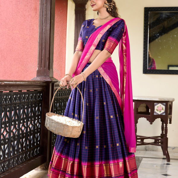 Lorenvalley Blue Cotton Silk Weaving Work With Paithani Concept Lehenga Choli - Distacart