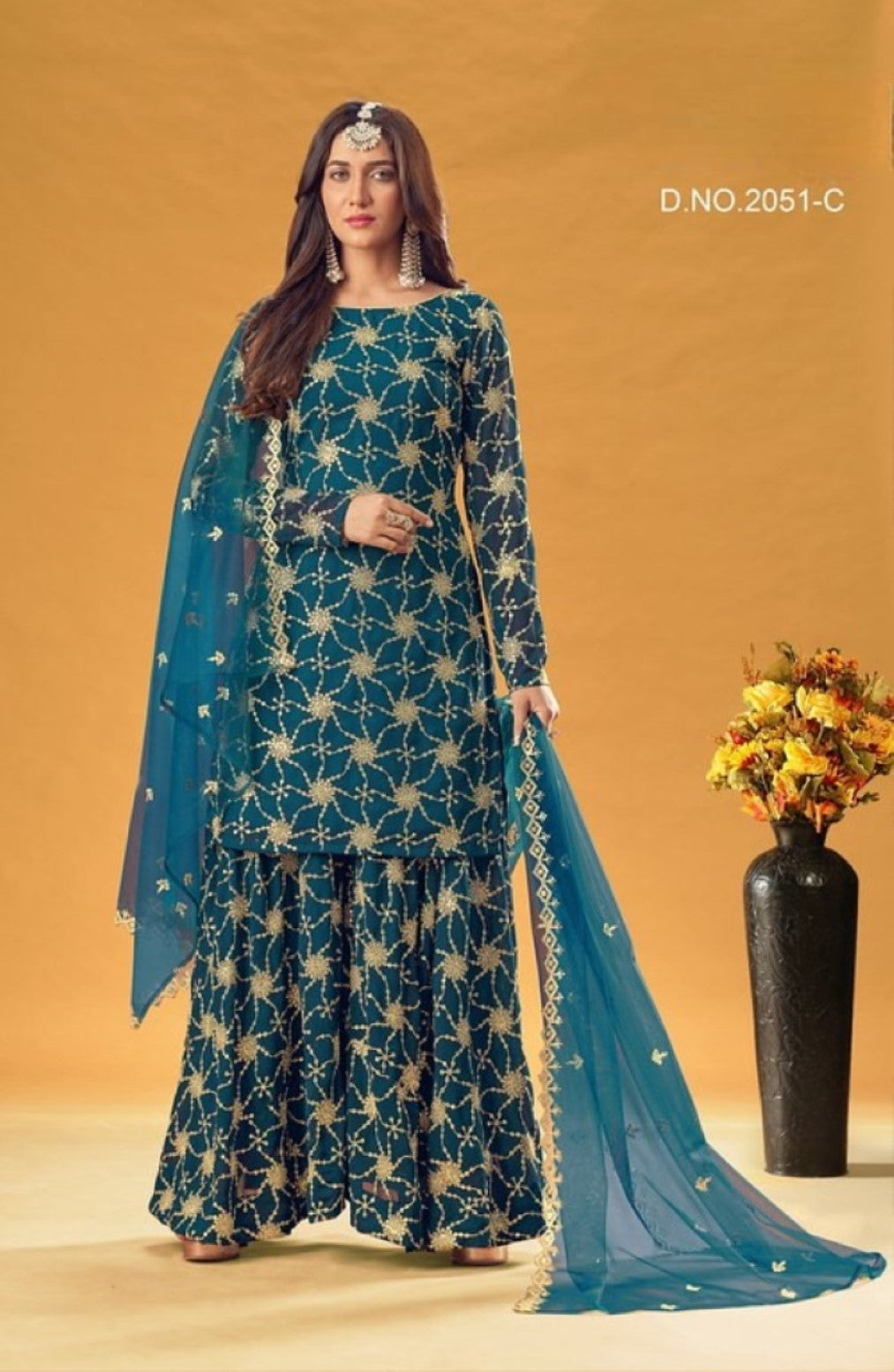 Anaita Teal Blue Faux Georgette Plazzo Suit With Embroidery & Sequins Work - Distacart