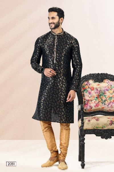 Raivat Ethnic Jacquard Banarasi Silk Pintux Work Kurta Pajama In Black Colour - Distacart