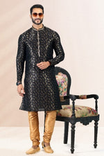 Thumbnail for Raivat Ethnic Jacquard Banarasi Silk Pintux Work Kurta Pajama In Black Colour - Distacart