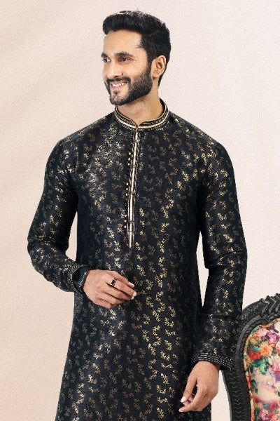 Raivat Ethnic Jacquard Banarasi Silk Pintux Work Kurta Pajama In Black Colour - Distacart
