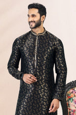 Thumbnail for Raivat Ethnic Jacquard Banarasi Silk Pintux Work Kurta Pajama In Black Colour - Distacart