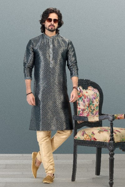 Raivat Ethnic Jacquard Banarasi Silk Pintux Work Kurta Pajama In Grey Colour - Distacart