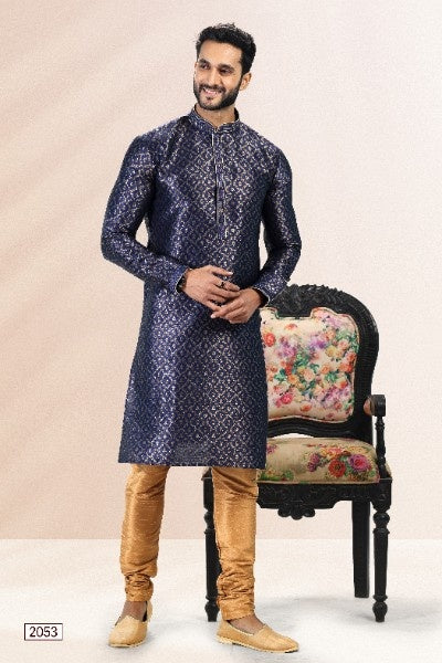 Raivat Ethnic Jacquard Banarasi Silk Pintux Work Kurta Pajama In Blue Colour - Distacart