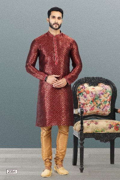 Raivat Ethnic Jacquard Banarasi Silk Pintux Work Kurta Pajama In Maroon Colour - Distacart