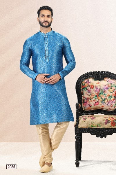 Raivat Ethnic Jacquard Banarasi Silk Pintux Work Kurta Pajama In Blue Colour - Distacart