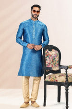 Thumbnail for Raivat Ethnic Jacquard Banarasi Silk Pintux Work Kurta Pajama In Blue Colour - Distacart