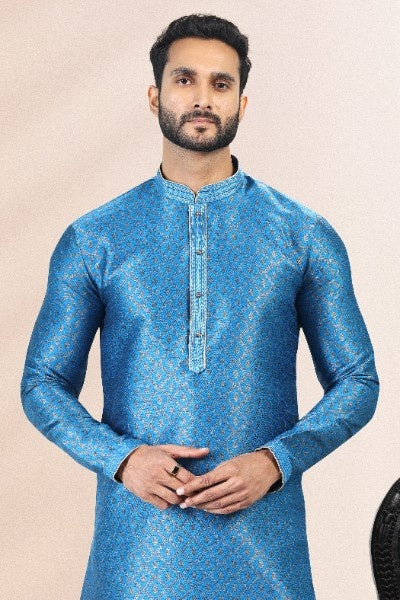 Raivat Ethnic Jacquard Banarasi Silk Pintux Work Kurta Pajama In Blue Colour - Distacart