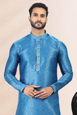 Thumbnail for Raivat Ethnic Jacquard Banarasi Silk Pintux Work Kurta Pajama In Blue Colour - Distacart