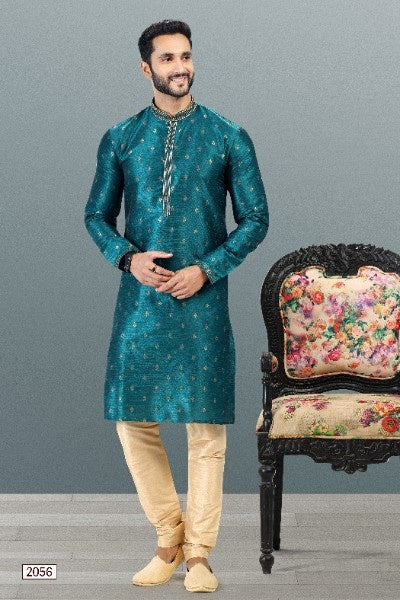 Raivat Ethnic Jacquard Banarasi Silk Pintux Work Kurta Pajama In Teal Green Colour - Distacart