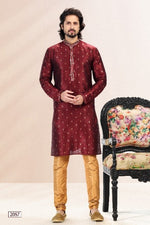 Thumbnail for Raivat Ethnic Jacquard Banarasi Silk Pintux Work Kurta Pajama In Wine Colour - Distacart