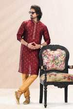 Thumbnail for Raivat Ethnic Jacquard Banarasi Silk Pintux Work Kurta Pajama In Wine Colour - Distacart