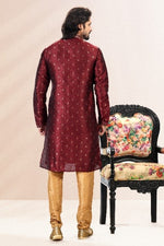 Thumbnail for Raivat Ethnic Jacquard Banarasi Silk Pintux Work Kurta Pajama In Wine Colour - Distacart