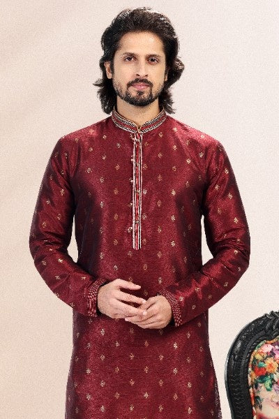 Raivat Ethnic Jacquard Banarasi Silk Pintux Work Kurta Pajama In Wine Colour - Distacart