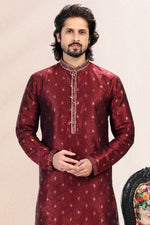 Thumbnail for Raivat Ethnic Jacquard Banarasi Silk Pintux Work Kurta Pajama In Wine Colour - Distacart