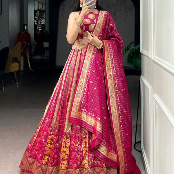Lorenvalley Fashion Pink Silk Zari Weaving Work Lehenga Choli with Dupatta - Dista
